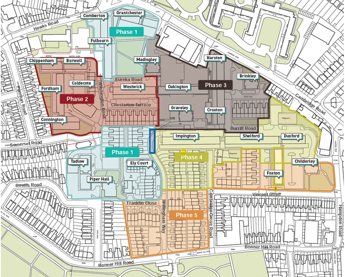 Map of the Cambridge Road Estate split into five phases. Phase 2, shaded red, covers the western blocks including Chippenham, Burwell, Caldecote, Fordham, Westwick and Connington, between Portman Road and Washington Road.